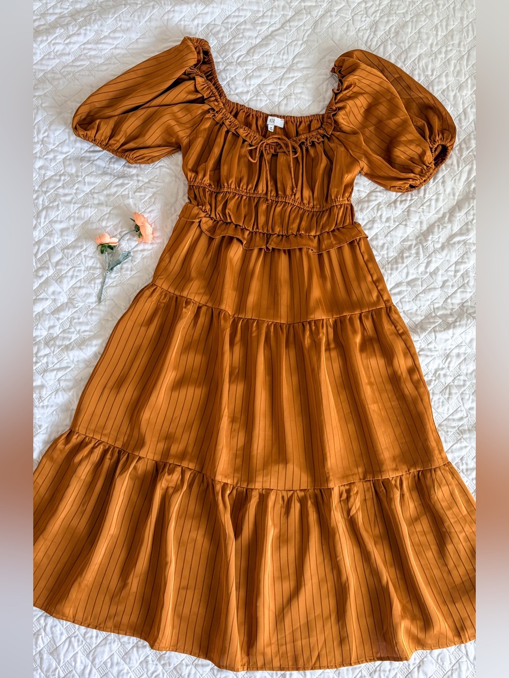NSR Rust Striped Tiered Maxi Dress Puff Sleeve Boho Cottagecore Size M